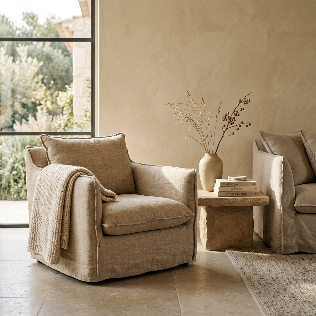 Editorial hospitality interior with refined natural materials