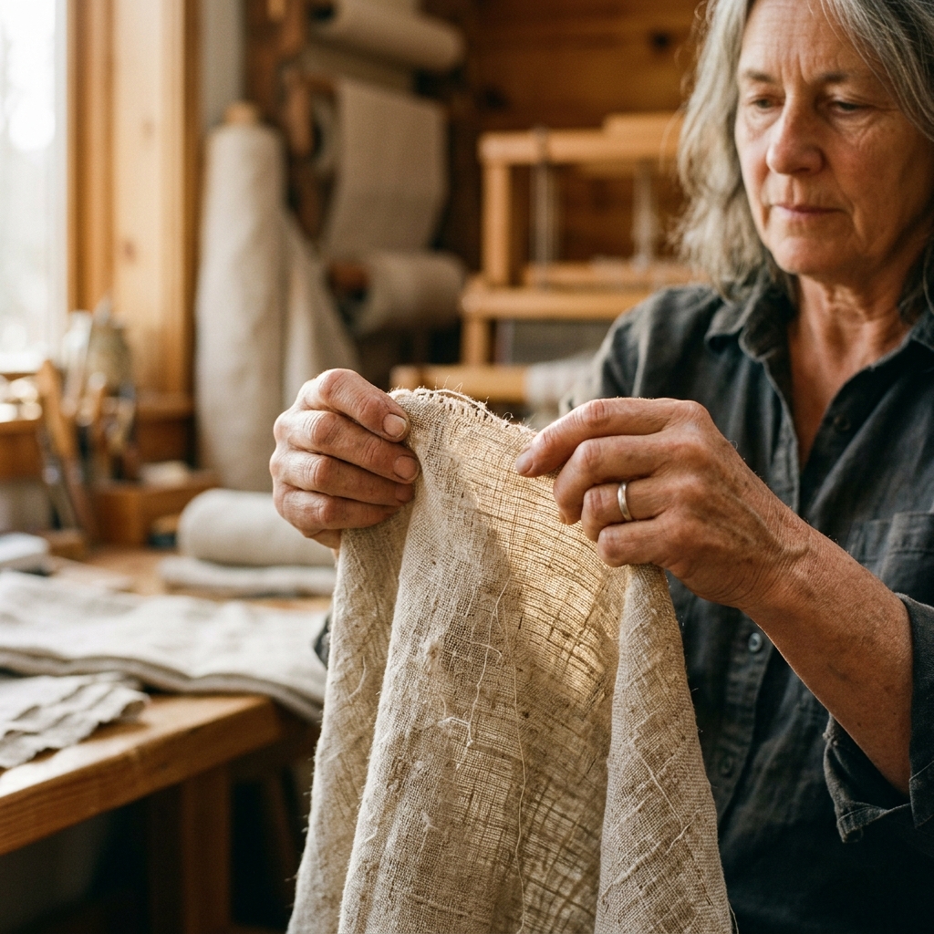 Hands examining woven fabric during careful production review